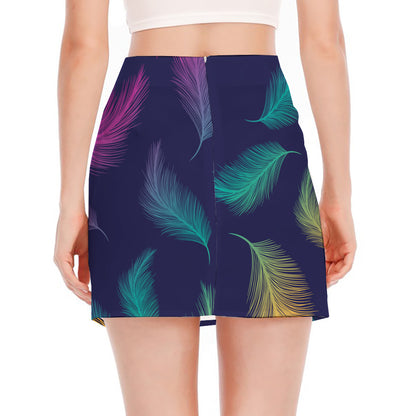 Colorful Feather Pattern Print Side Slit Mini Skirt