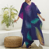 Colorful Feather Pattern Print Silk V-Neck Kaftan Dress