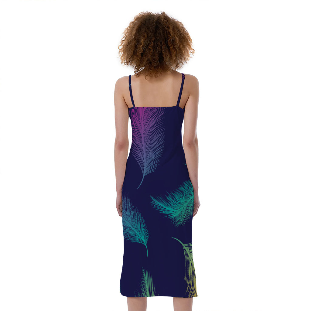 Colorful Feather Pattern Print Slim Fit Midi Cami Dress