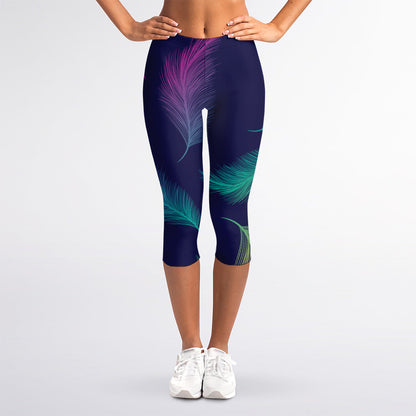Colorful Feather Pattern Print Women's Capri Leggings