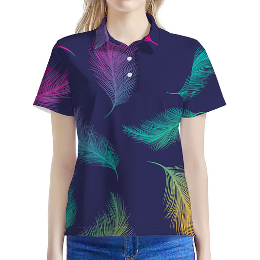 Colorful Feather Pattern Print Women's Polo Shirt
