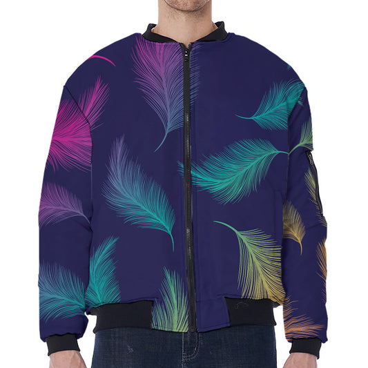 Colorful Feather Pattern Print Zip Sleeve Bomber Jacket