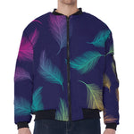 Colorful Feather Pattern Print Zip Sleeve Bomber Jacket