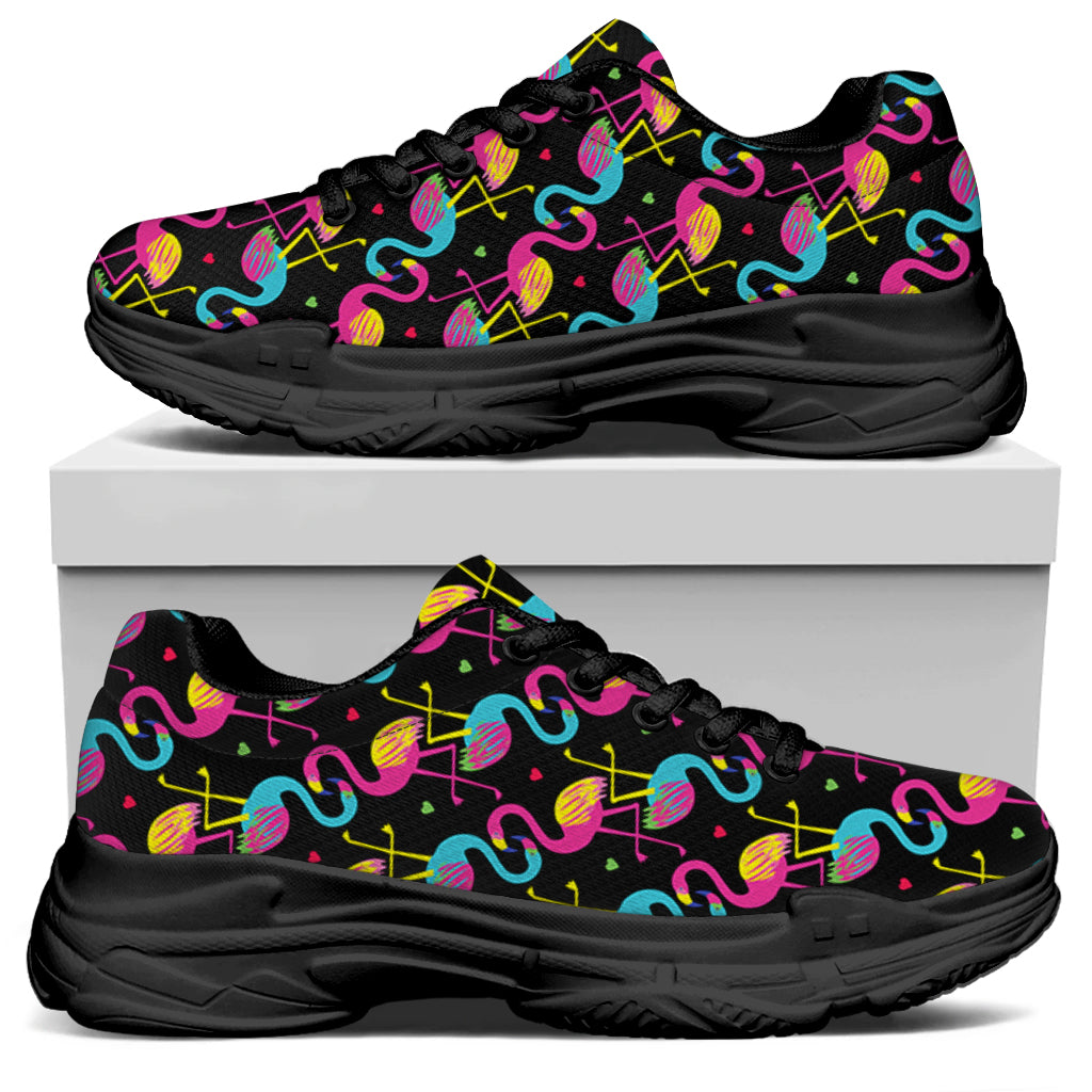 Colorful Flamingo Pattern Print Black Chunky Shoes