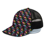 Colorful Flamingo Pattern Print Black Mesh Trucker Cap