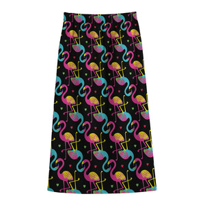 Colorful Flamingo Pattern Print Cotton Front Slit Maxi Skirt