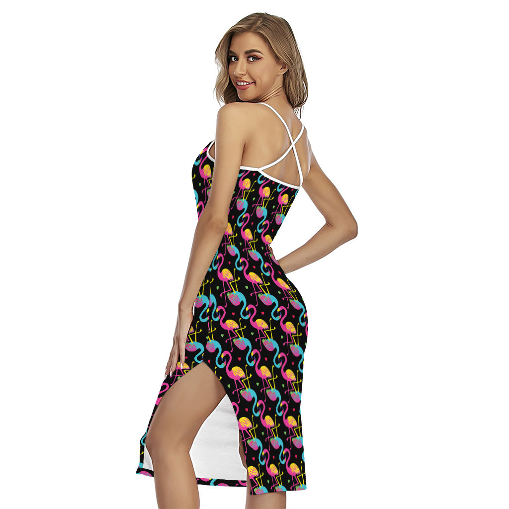 Colorful Flamingo Pattern Print Cross Back Cami Dress