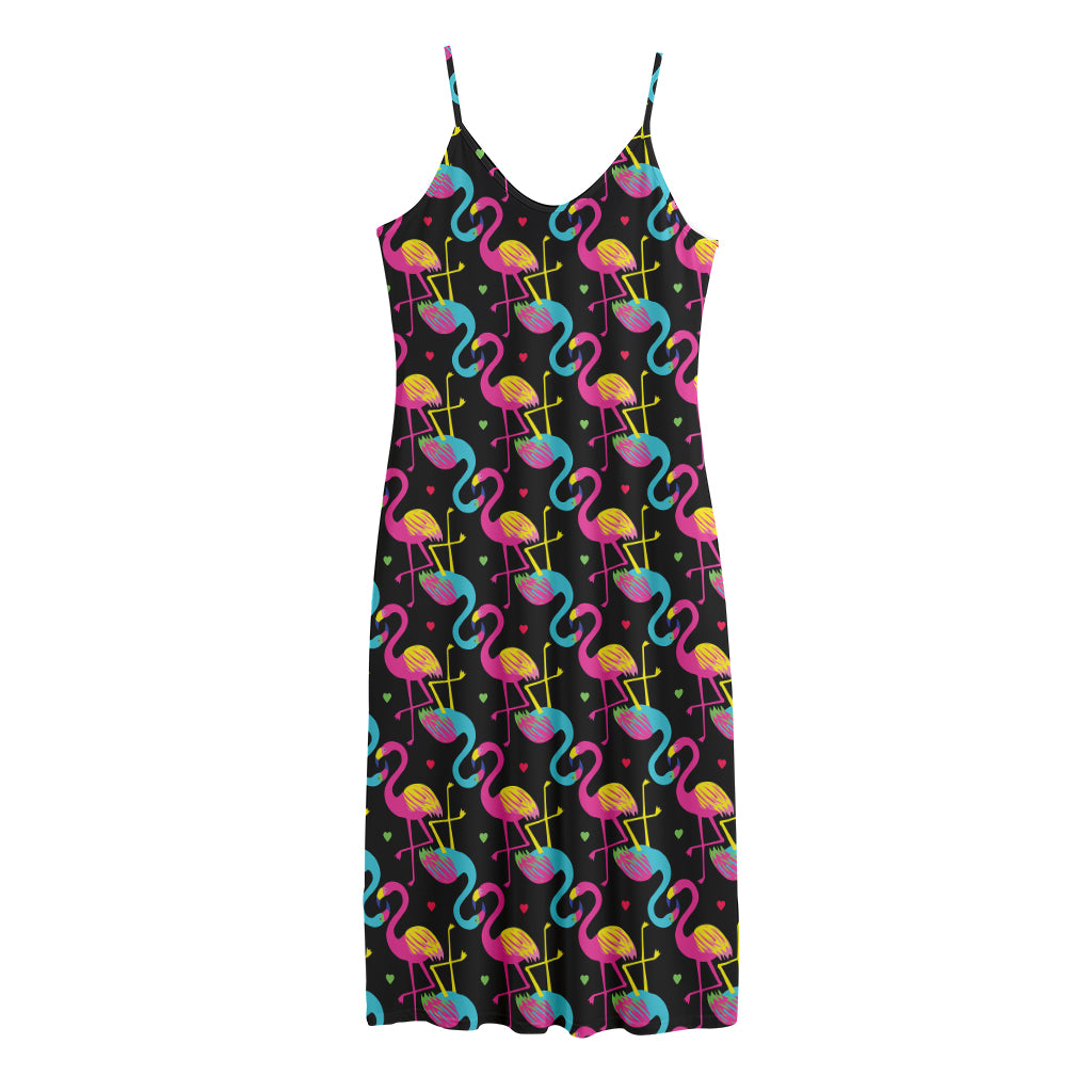 Colorful Flamingo Pattern Print Jersey Midi Cami Dress