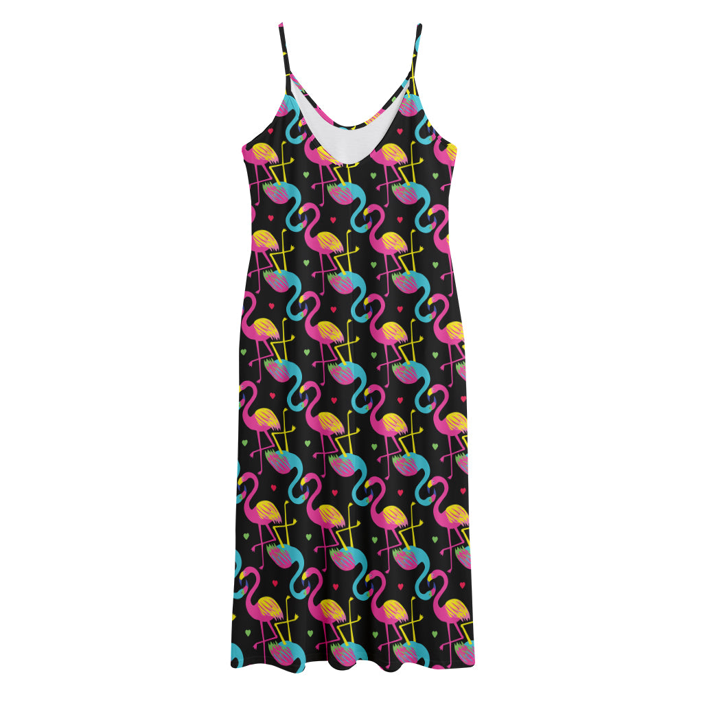 Colorful Flamingo Pattern Print Jersey Midi Cami Dress