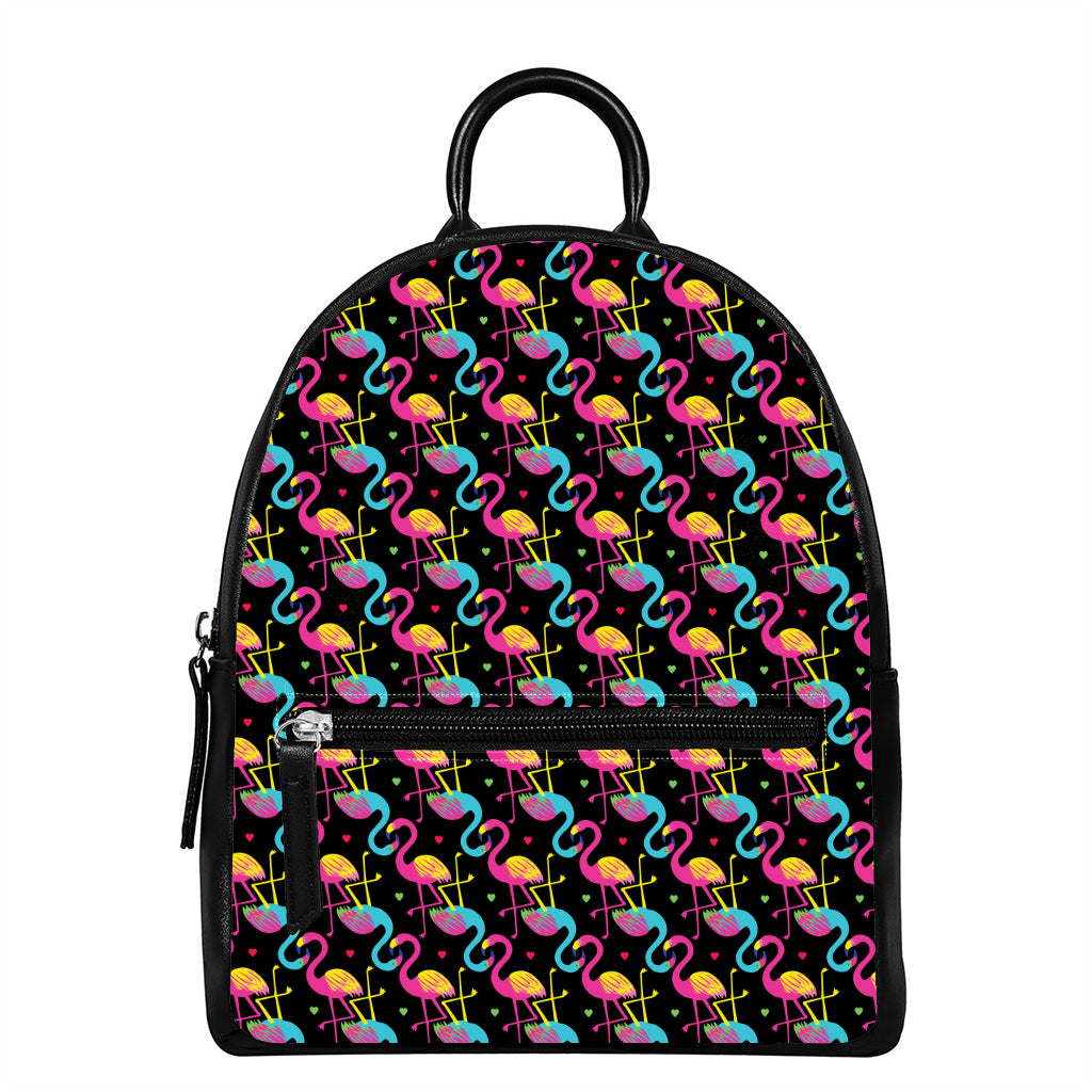 Colorful Flamingo Pattern Print Leather Backpack