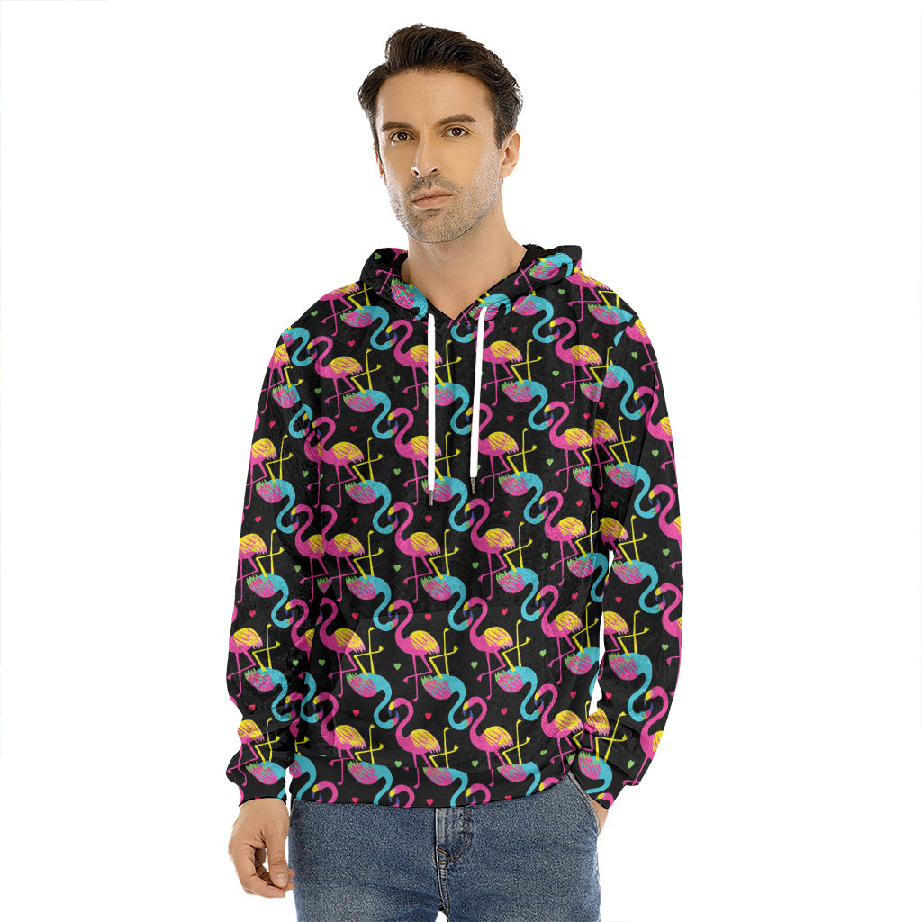 Colorful Flamingo Pattern Print Men's Velvet Pullover Hoodie