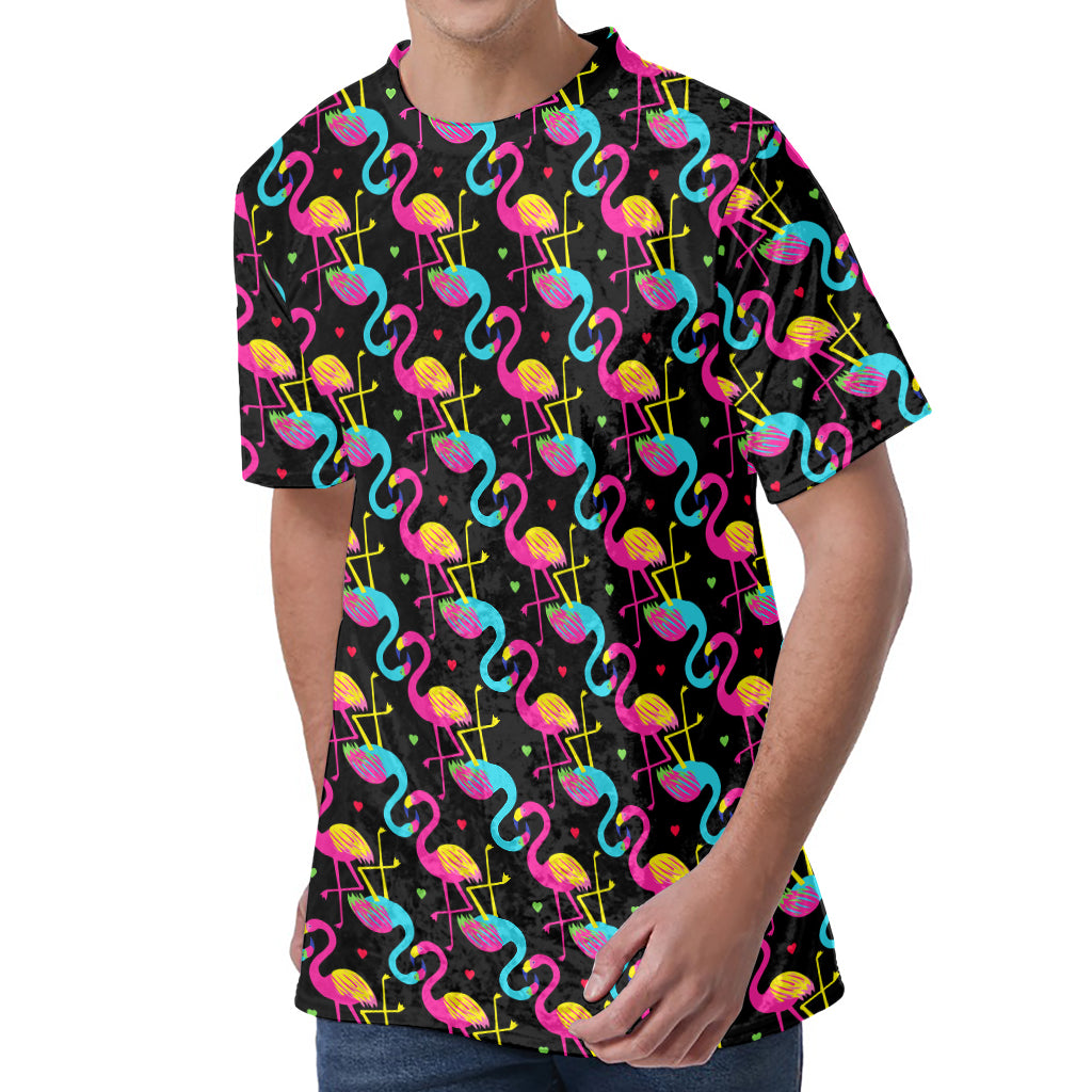 Colorful Flamingo Pattern Print Men's Velvet T-Shirt