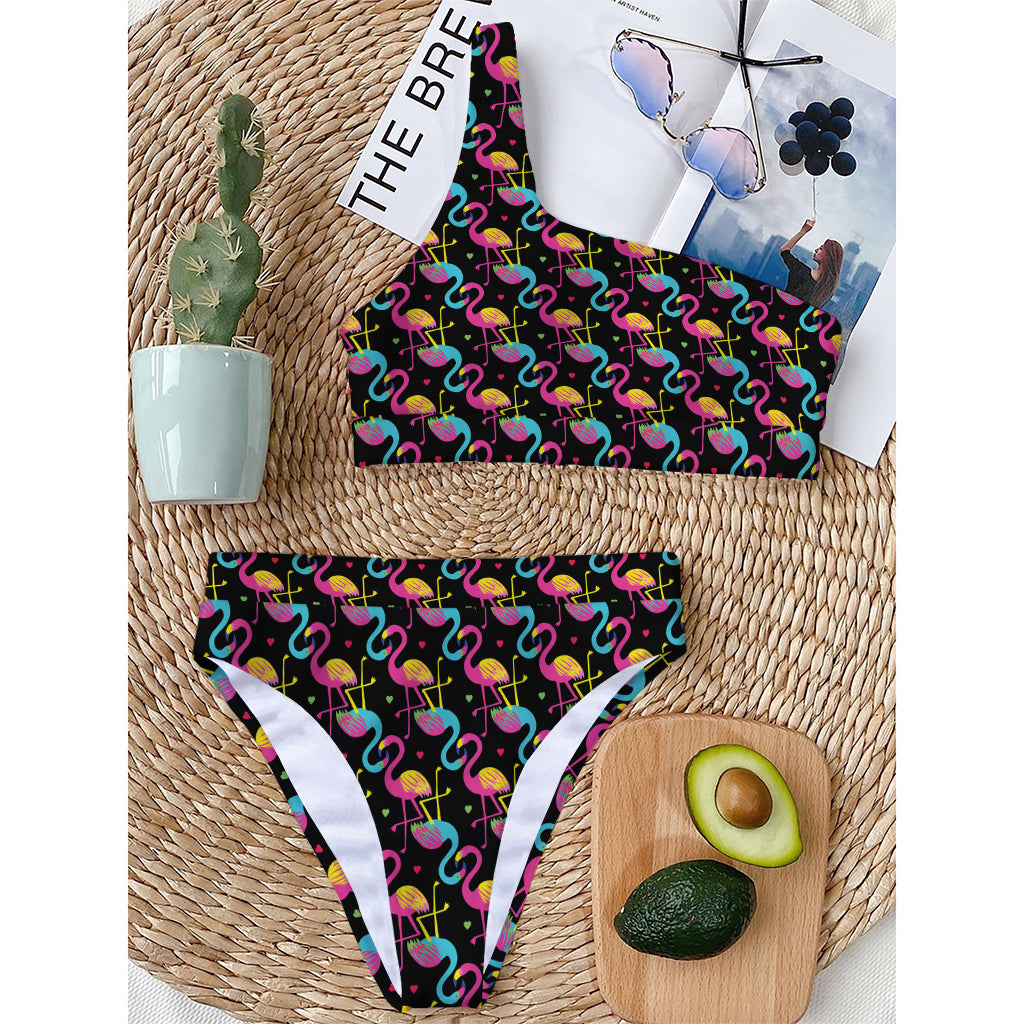 Colorful Flamingo Pattern Print One Shoulder Bikini Top