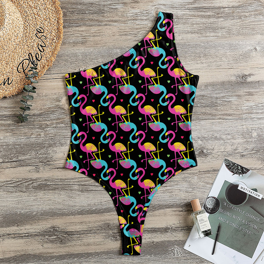 Colorful Flamingo Pattern Print One Shoulder Bodysuit