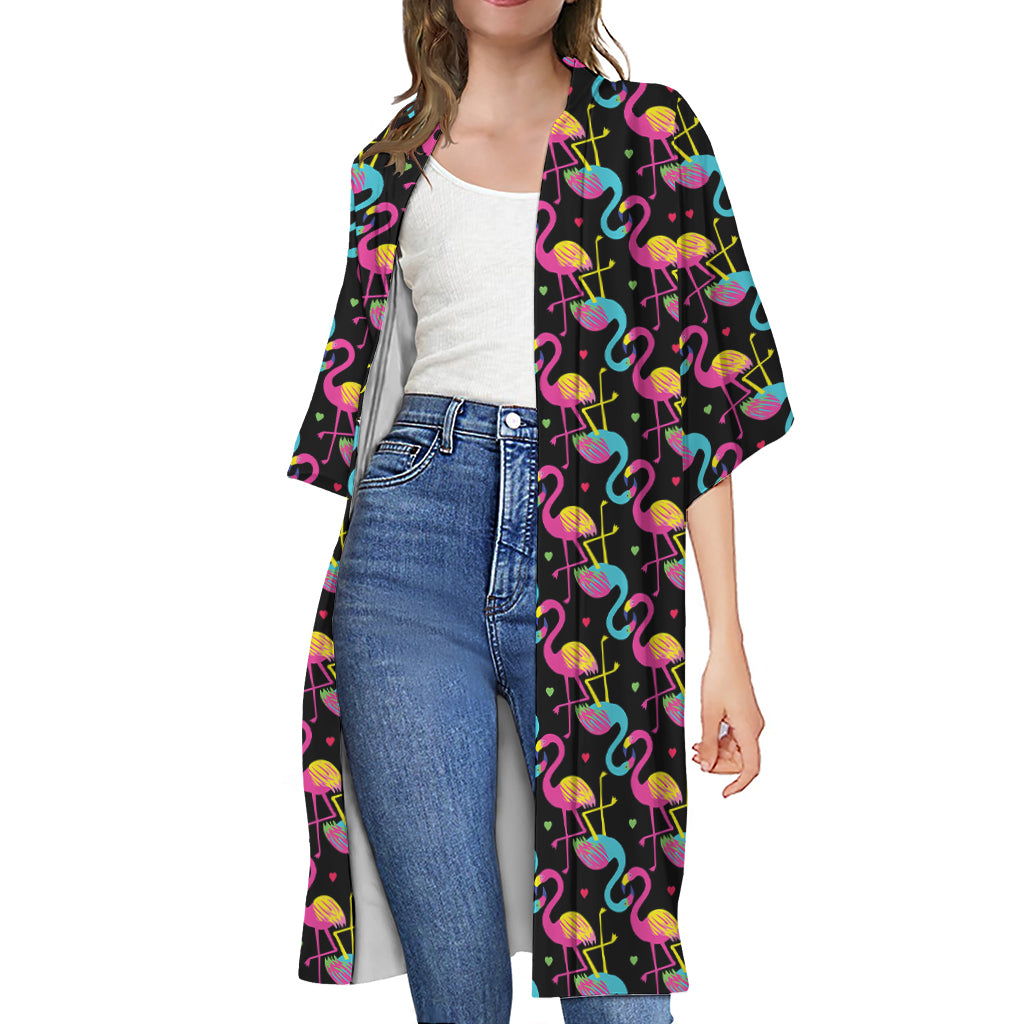 Colorful Flamingo Pattern Print Open Front Beach Cover Up