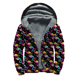 Colorful Flamingo Pattern Print Sherpa Lined Zip Up Hoodie