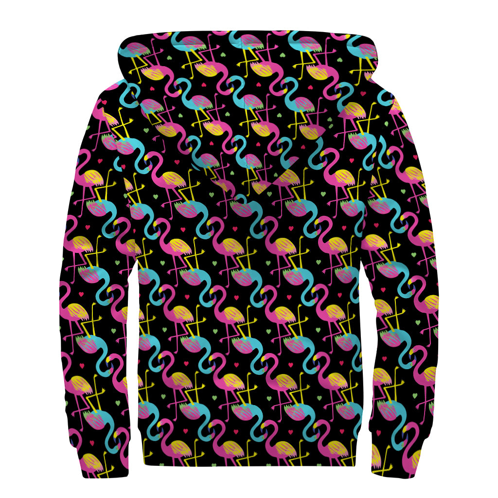 Colorful Flamingo Pattern Print Sherpa Lined Zip Up Hoodie