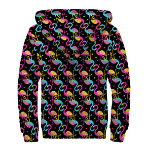 Colorful Flamingo Pattern Print Sherpa Lined Zip Up Hoodie