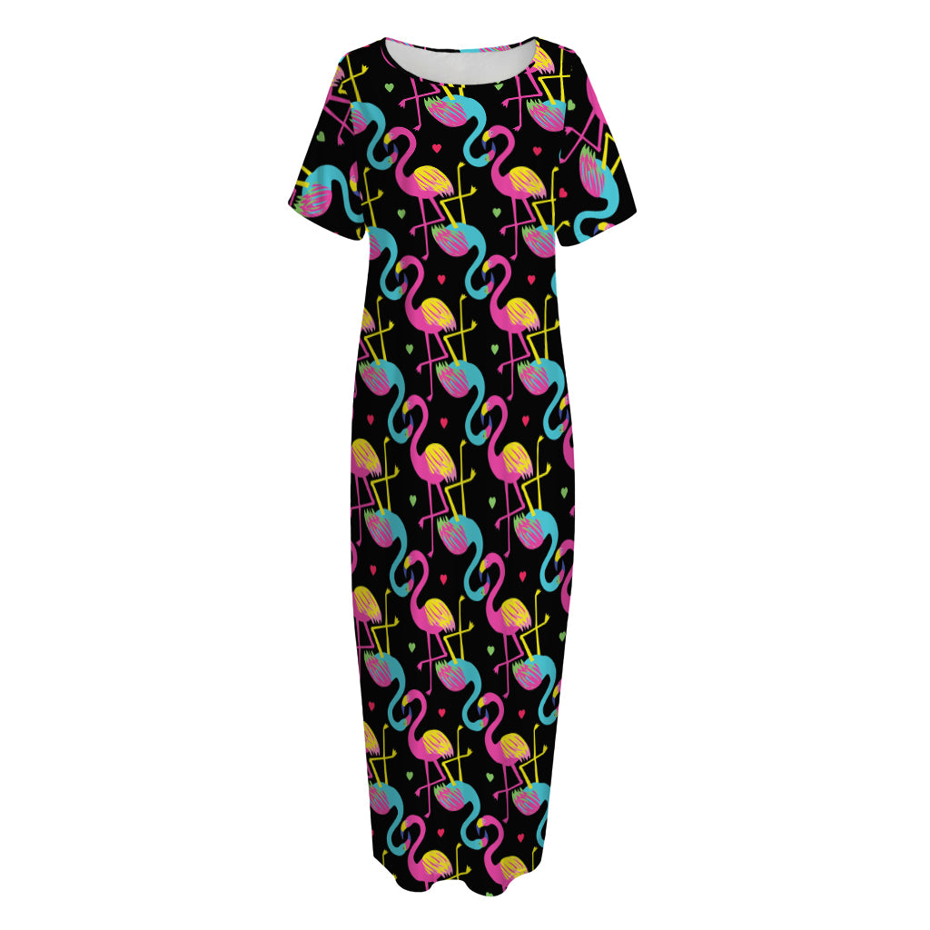 Colorful Flamingo Pattern Print Short Sleeve Long Nightdress