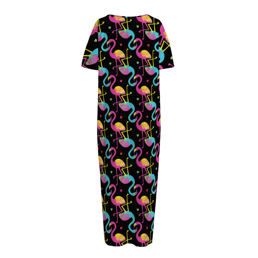 Colorful Flamingo Pattern Print Short Sleeve Long Nightdress