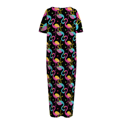 Colorful Flamingo Pattern Print Short Sleeve Long Nightdress