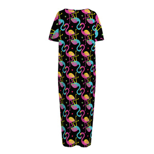 Colorful Flamingo Pattern Print Short Sleeve Long Nightdress