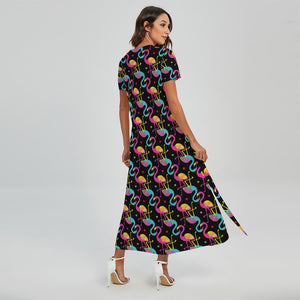 Colorful Flamingo Pattern Print Short Sleeve Maxi Dress