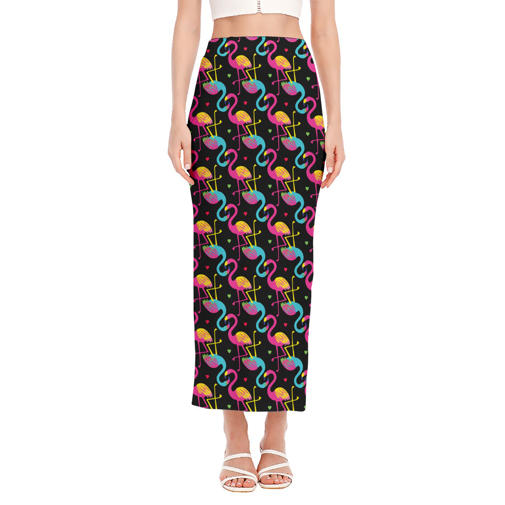 Colorful Flamingo Pattern Print Side Slit Maxi Skirt