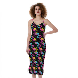 Colorful Flamingo Pattern Print Slim Fit Midi Cami Dress