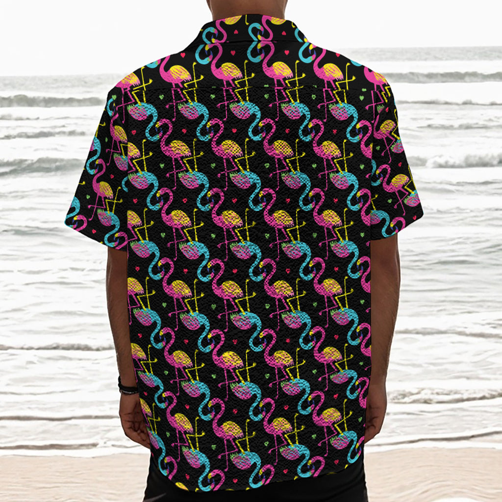 Colorful Flamingo Pattern Print Textured Short Sleeve Shirt