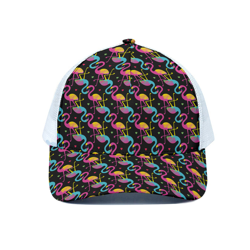 Colorful Flamingo Pattern Print White Mesh Trucker Cap
