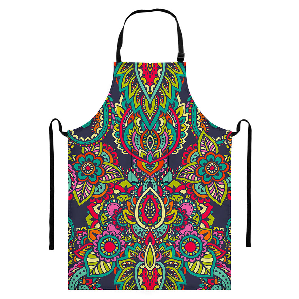 Colorful Floral Mandala Print Bib Apron With Pocket