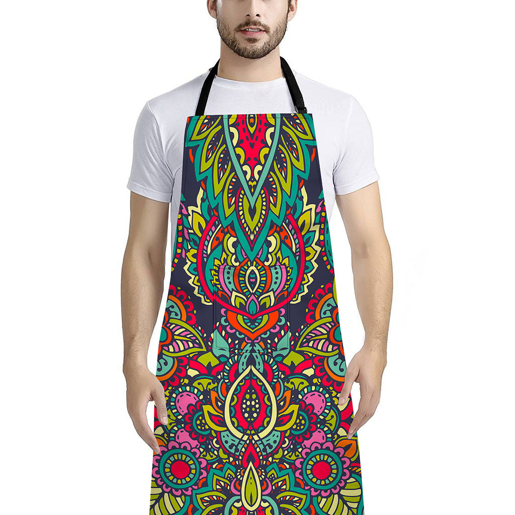 Colorful Floral Mandala Print Bib Apron With Pocket