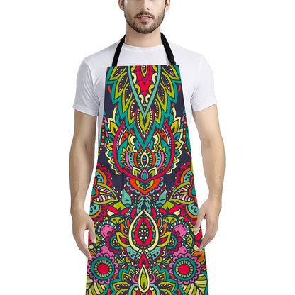 Colorful Floral Mandala Print Bib Apron With Pocket
