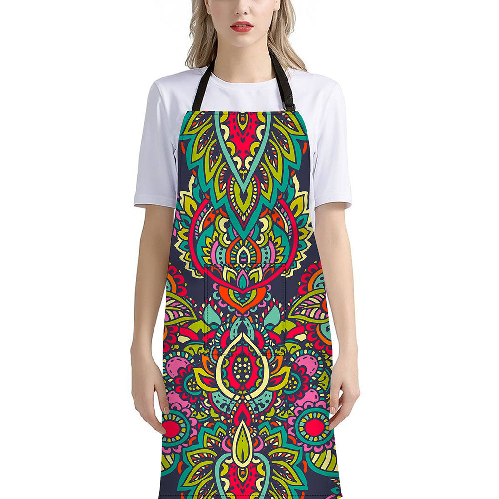 Colorful Floral Mandala Print Bib Apron With Pocket