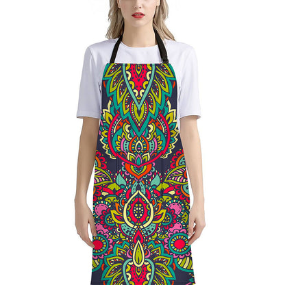 Colorful Floral Mandala Print Bib Apron With Pocket