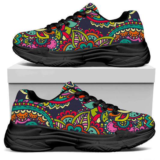 Colorful Floral Mandala Print Black Chunky Shoes
