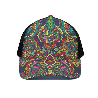 Colorful Floral Mandala Print Black Mesh Trucker Cap