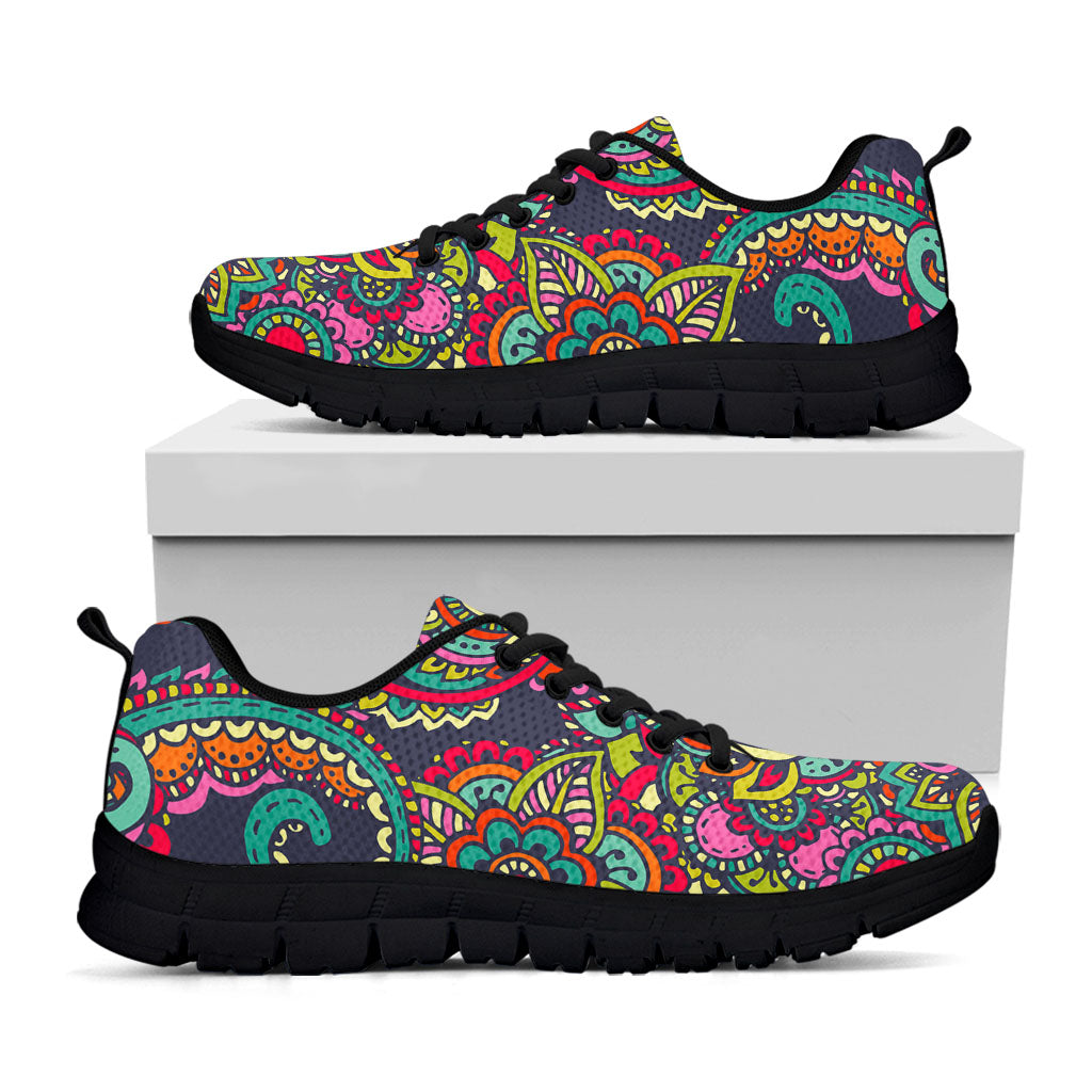 Colorful Floral Mandala Print Black Running Shoes