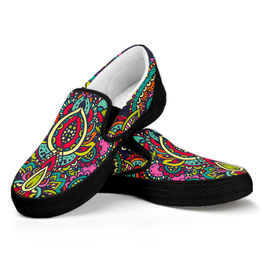 Colorful Floral Mandala Print Black Slip On Sneakers