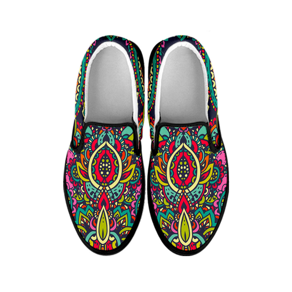 Colorful Floral Mandala Print Black Slip On Sneakers