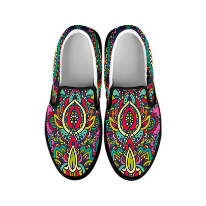Colorful Floral Mandala Print Black Slip On Sneakers