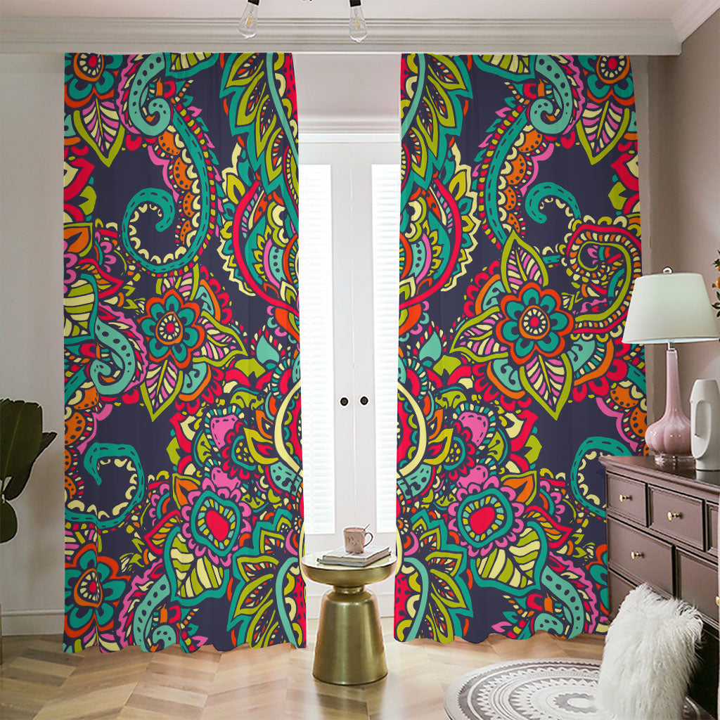 Colorful Floral Mandala Print Blackout Pencil Pleat Curtains