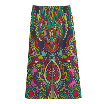 Colorful Floral Mandala Print Cotton Front Slit Maxi Skirt