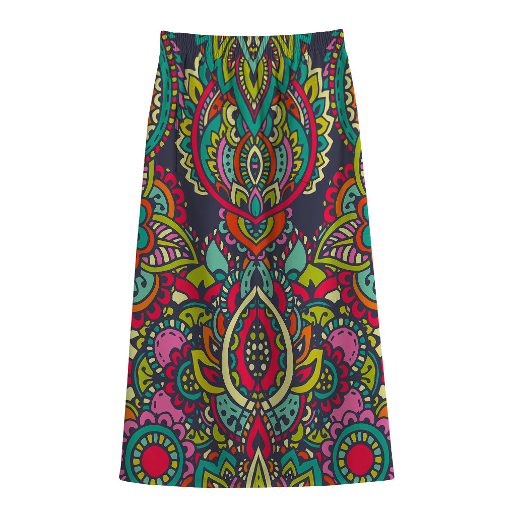 Colorful Floral Mandala Print Cotton Front Slit Maxi Skirt