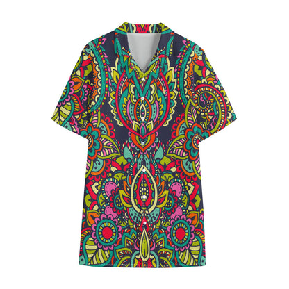 Colorful Floral Mandala Print Cotton Hawaiian Shirt