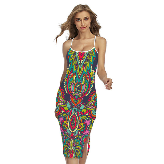 Colorful Floral Mandala Print Cross Back Cami Dress