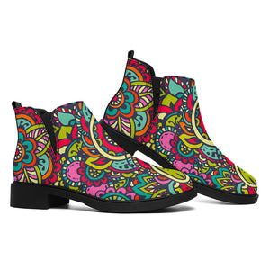 Colorful Floral Mandala Print Flat Ankle Boots