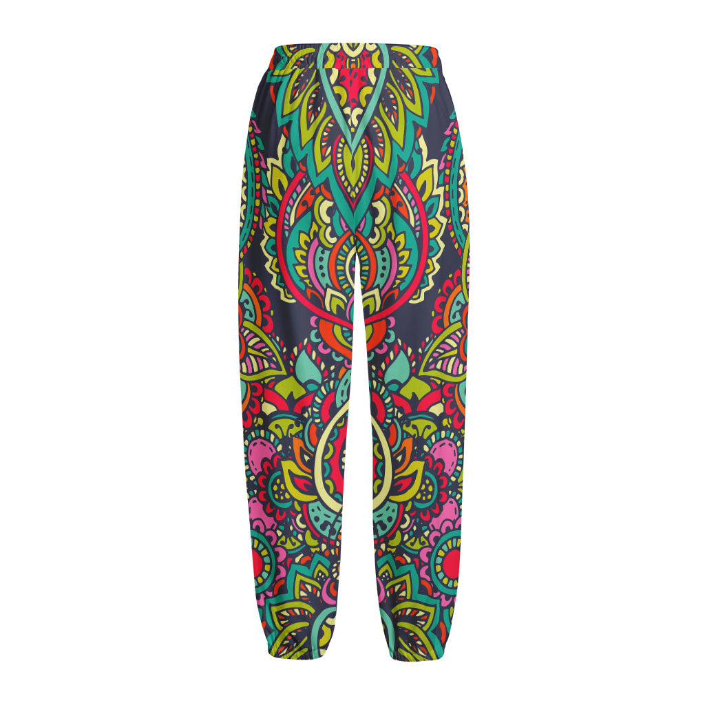 Colorful Floral Mandala Print Fleece Lined Knit Pants