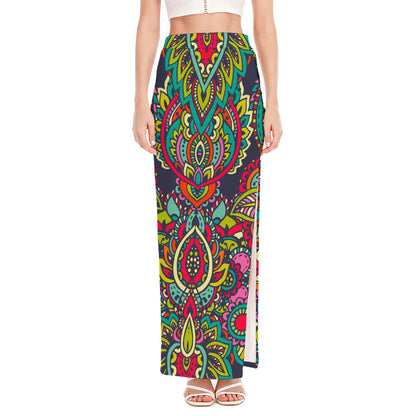 Colorful Floral Mandala Print High Slit Maxi Skirt